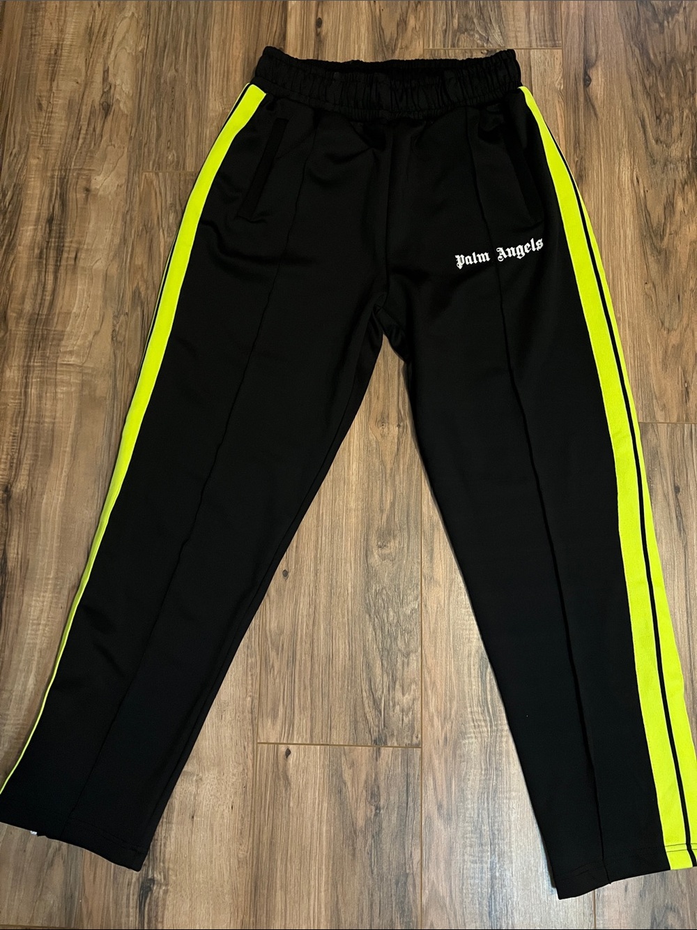 Palm Angels Black Track Pants with Neon Green Side Stripes